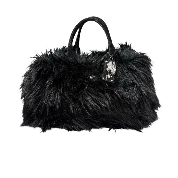 PRADA Vintage Faux Fur Fabric Tote Bag Black Silver Charm Triangle Logo [106226] - Picture 5 of 15